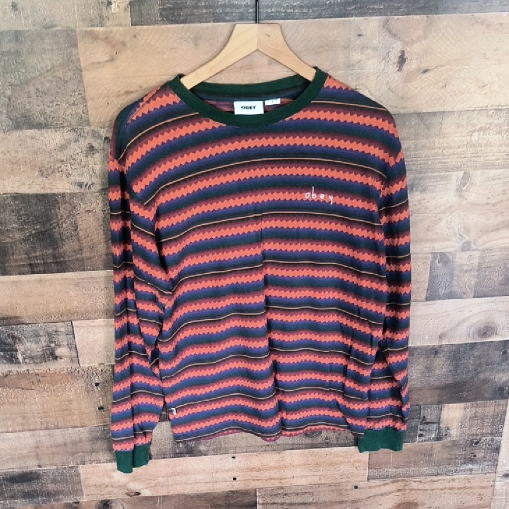 Obey Aztec Striped Long Sleeve Red and Green Shirt Sz Small Men